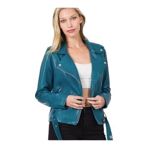 🔥New Zenana Teal Vegan Leather Belted Moto Jacket *Various Sizes*